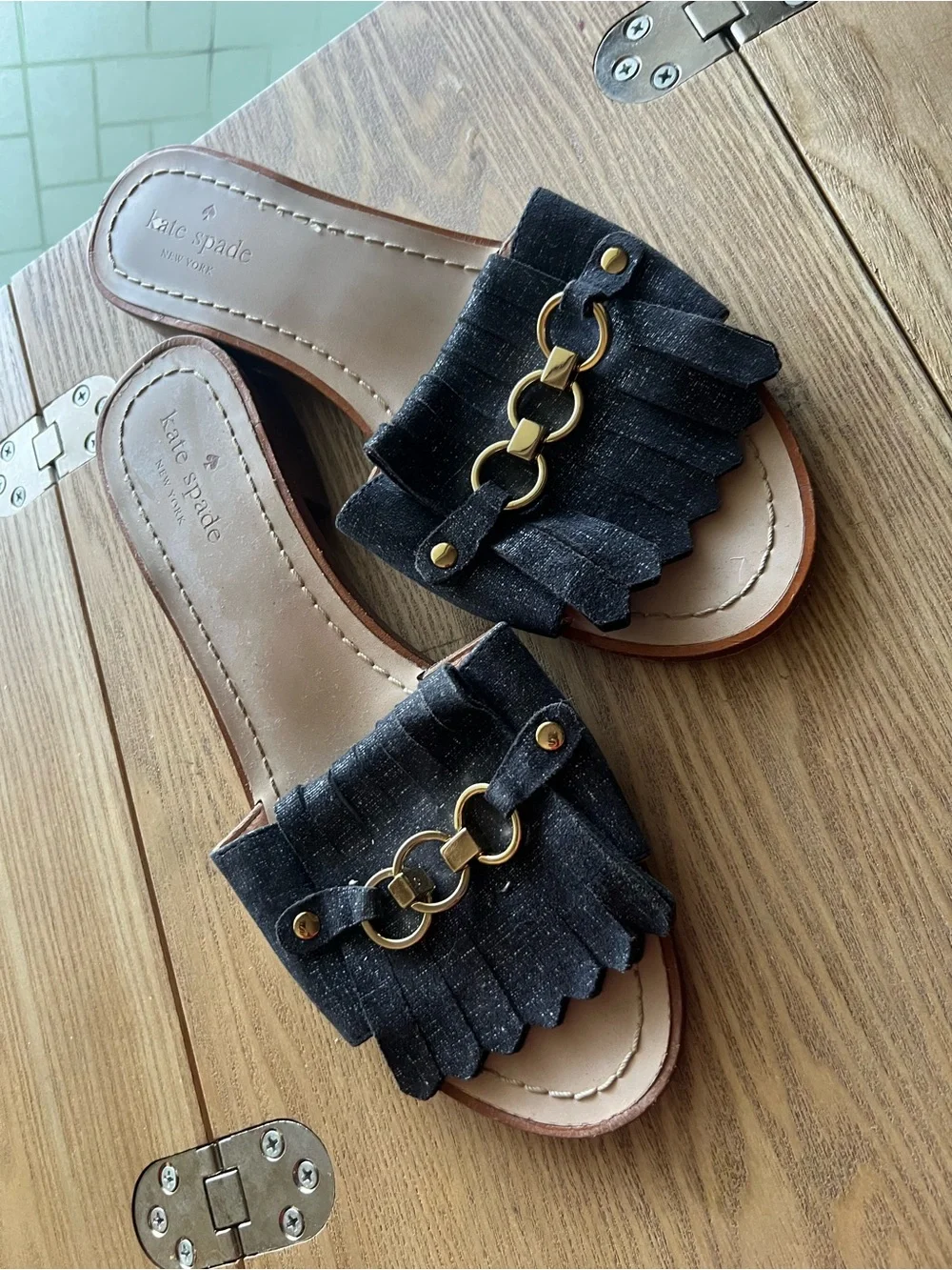 Kate Spade Denim Fringe Slide Sandals